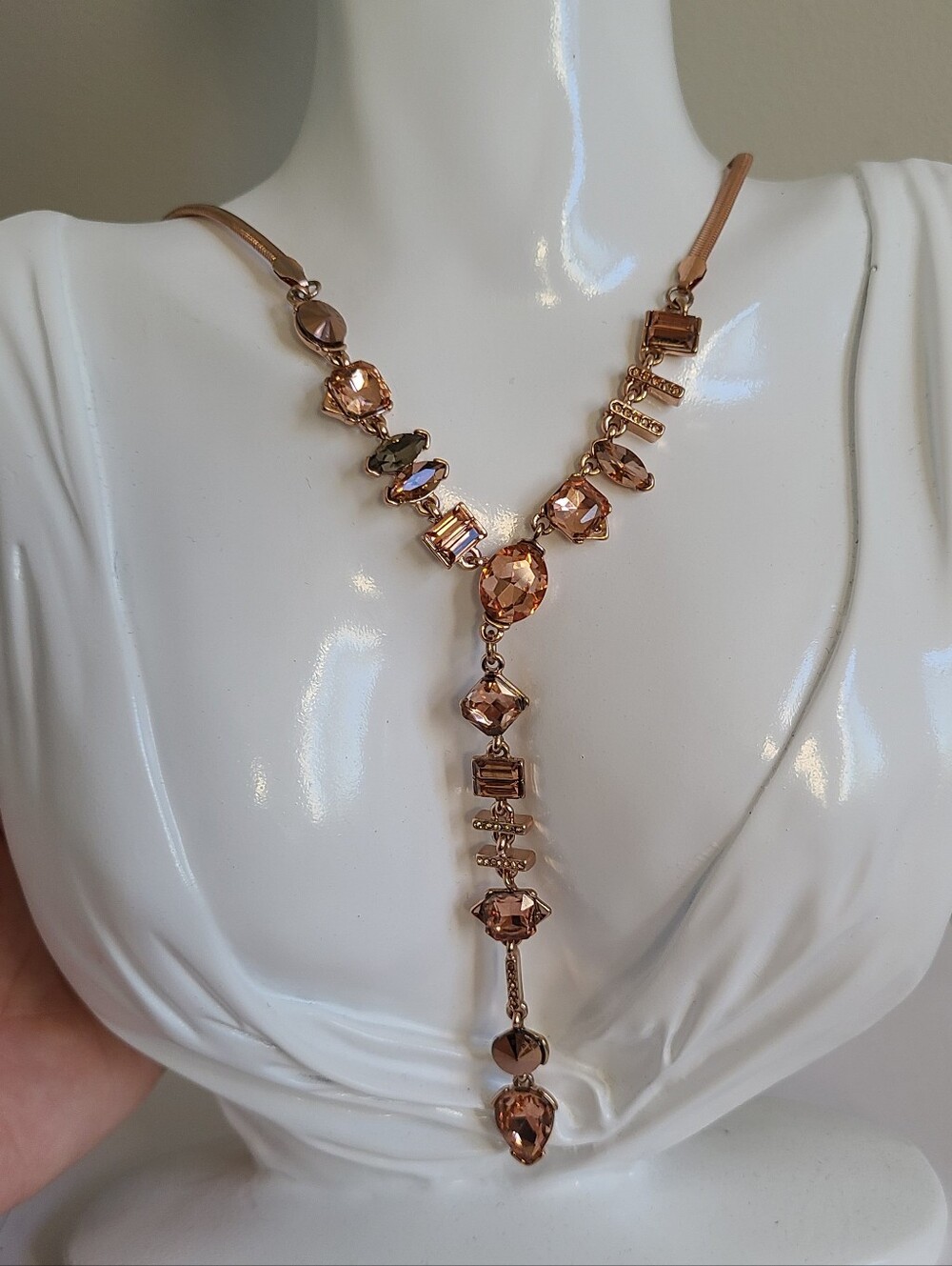 Kenneth Cole Rose Gold Crystal Rhinestone Y Drop Evening Fancy Formal Necklace